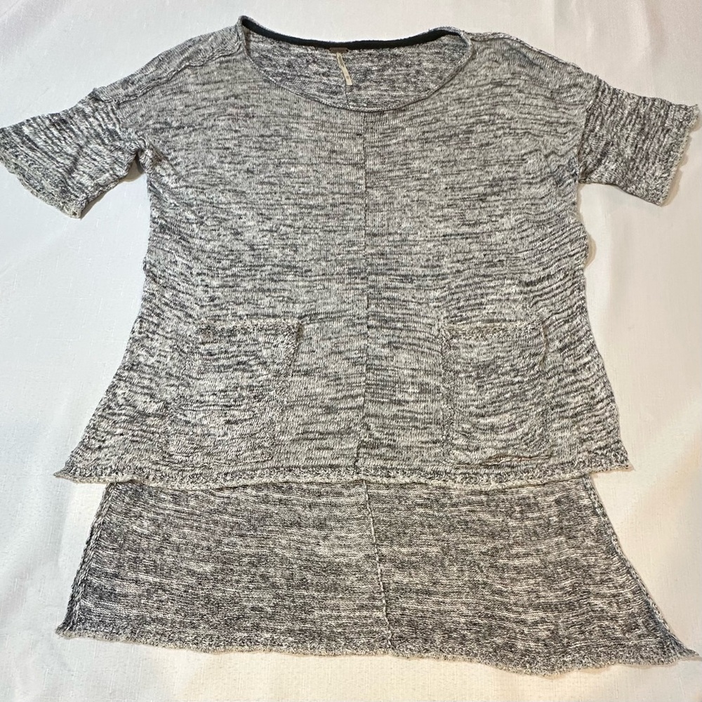 Free People XS Marled Knit Peplum Top Black White Raw Hem Boho